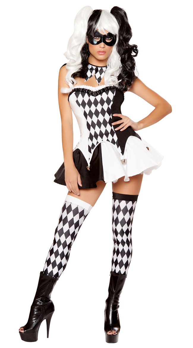 F1669 Deluxe Harlequin Burlesque Black White Checker Halloween Costume